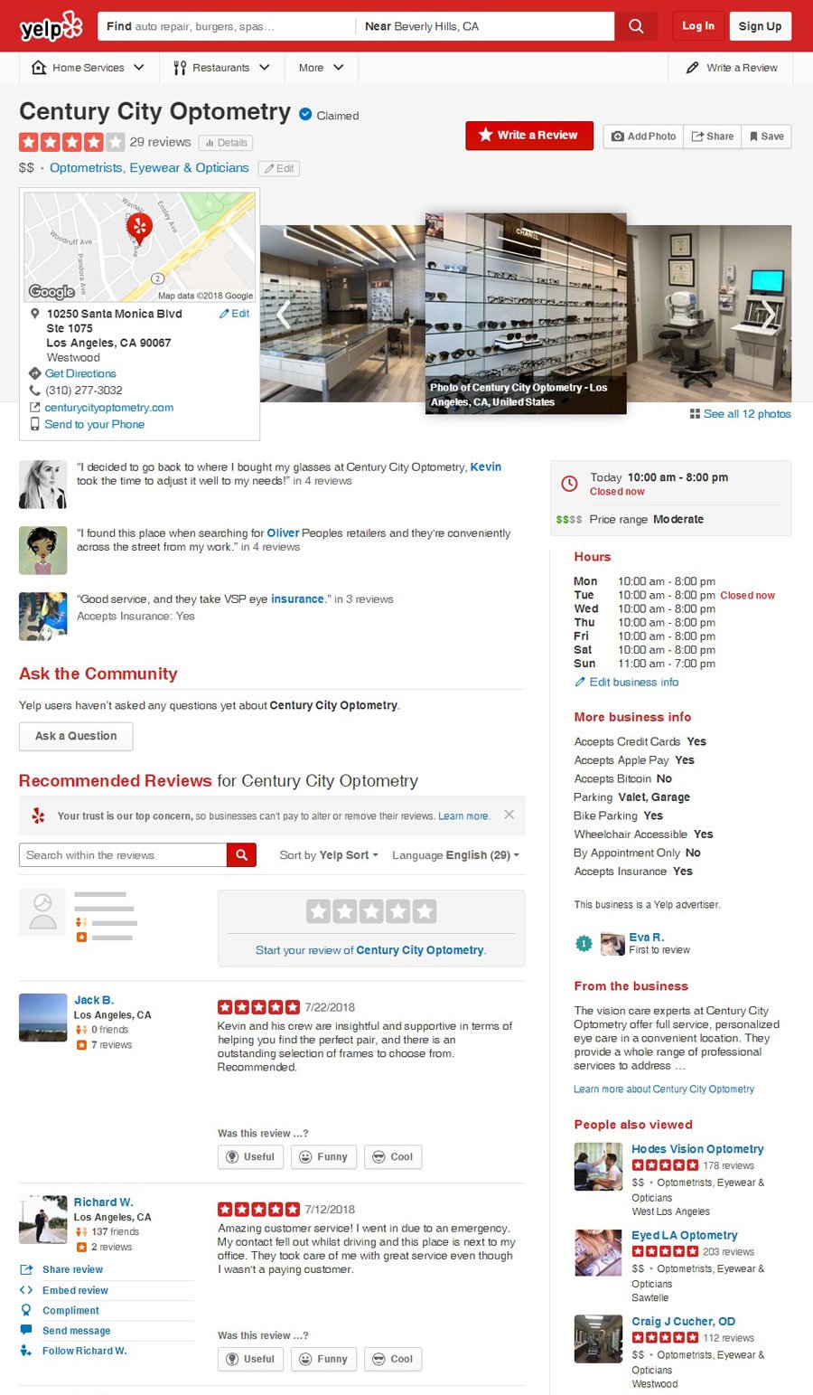 An example of yelp page for an optometry in Los Angeles